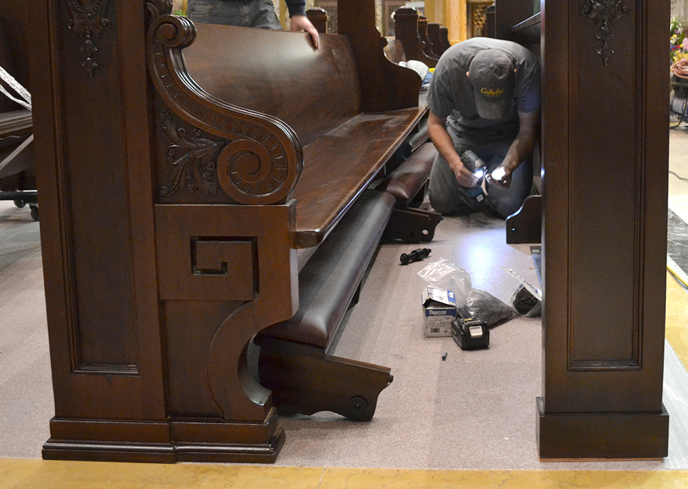 The first set of pews were reinstalled shortly after Easter.